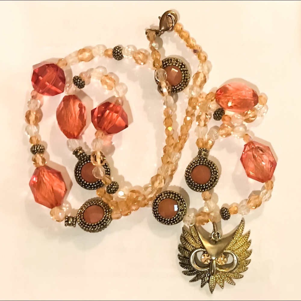 Long coral beaded owl necklace